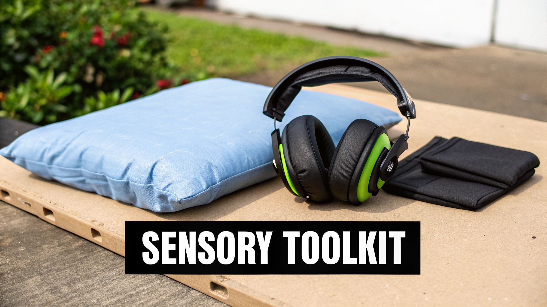 A sensory toolkit featuring a light blue pillow, black and green headphones, and folded black fabric items.