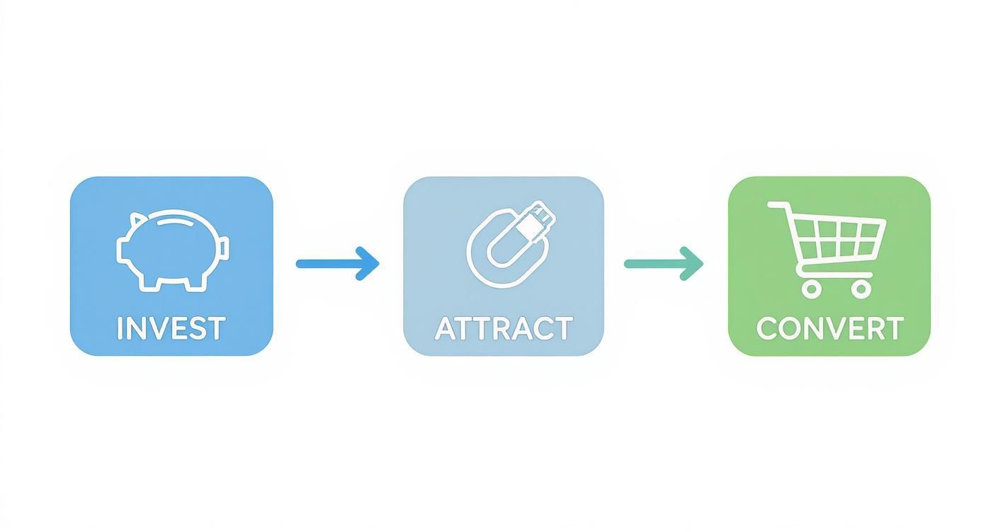 A diagram illustrating a three-step business process: Invest, Attract, and Convert with corresponding icons.