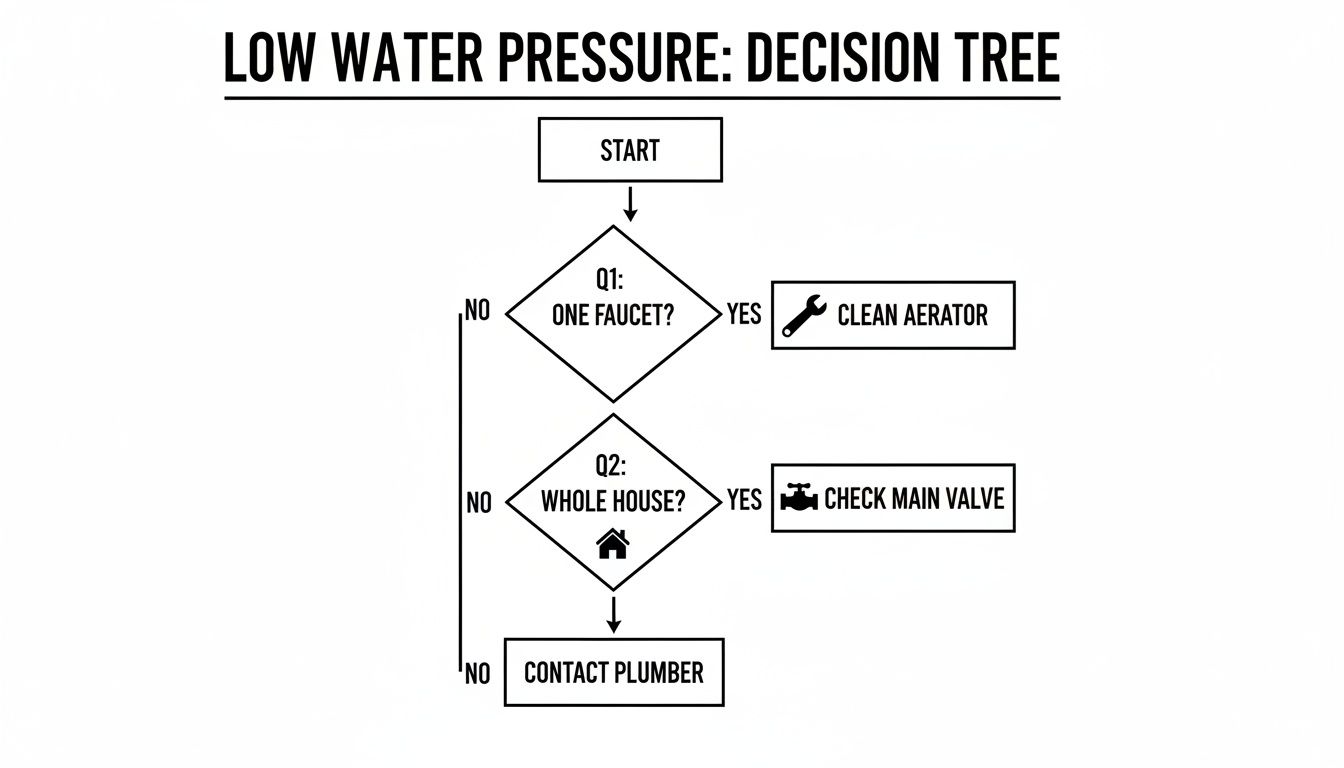 Flowchart for low water pressure troubleshooting: check one faucet, whole house, or contact plumber.