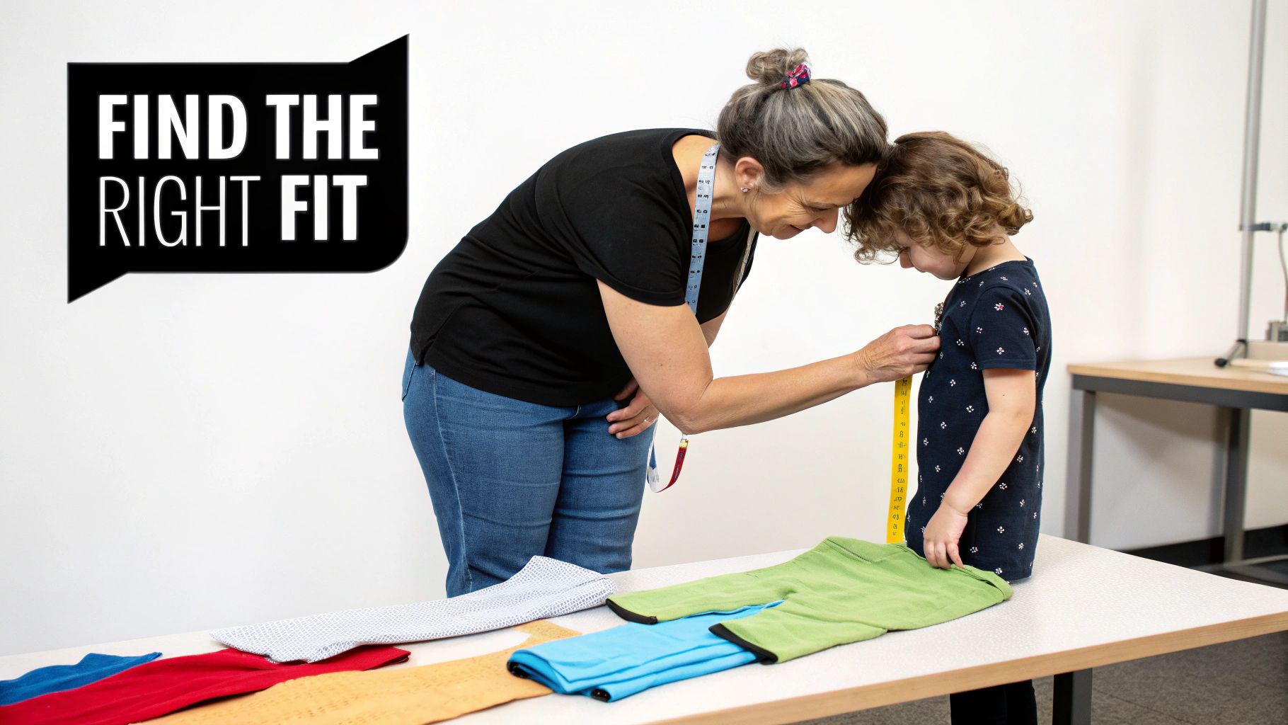 An adult measures a young child for clothing fit with a tape measure, colorful garments on table.