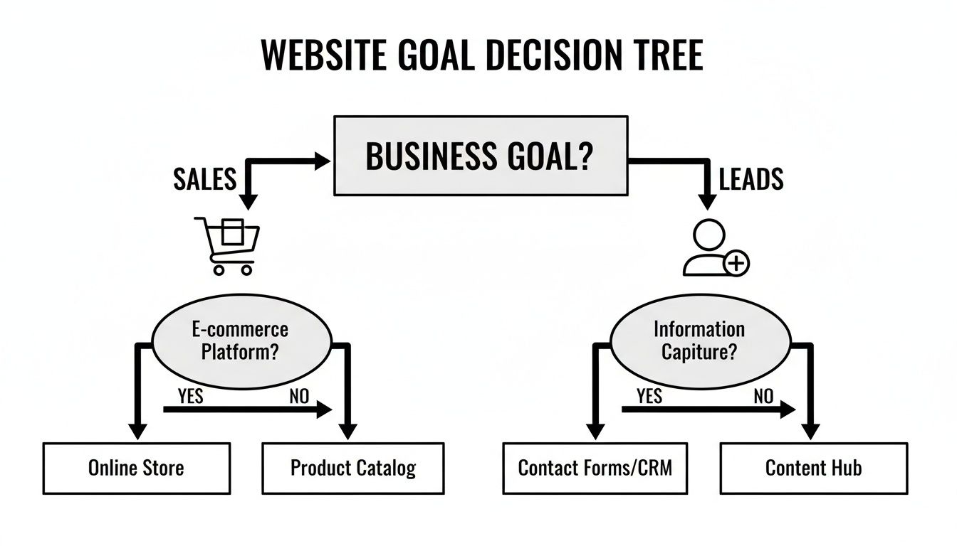 A website goal decision tree diagram showing paths for sales or leads leading to specific website types.