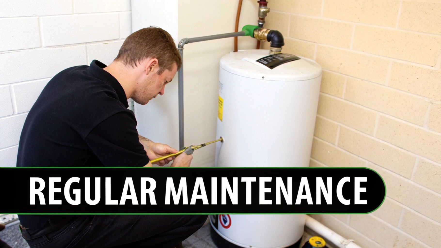 A man performs regular maintenance on a white water heater, using a tool to drain it.