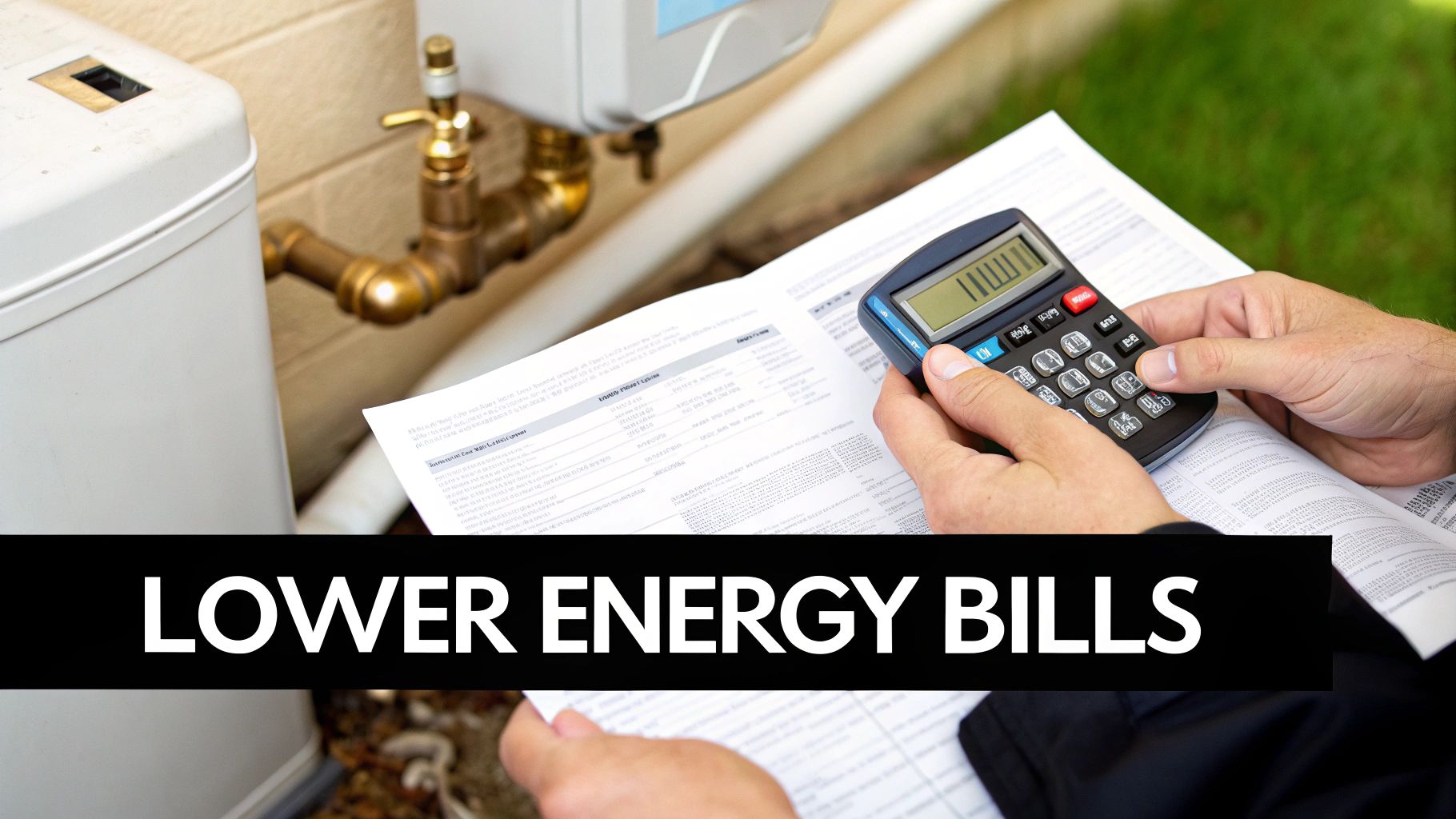 A person calculates energy bills with a calculator next to a gas water heater, aiming for cost savings.