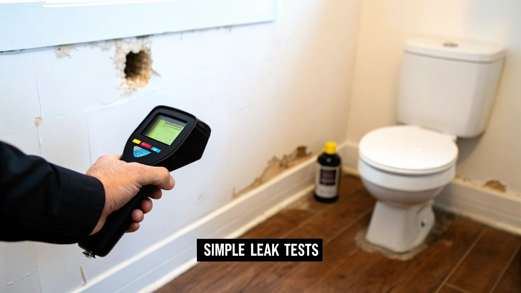 A hand holds a digital leak detector against a wall showing water damage and a toilet in a bathroom.