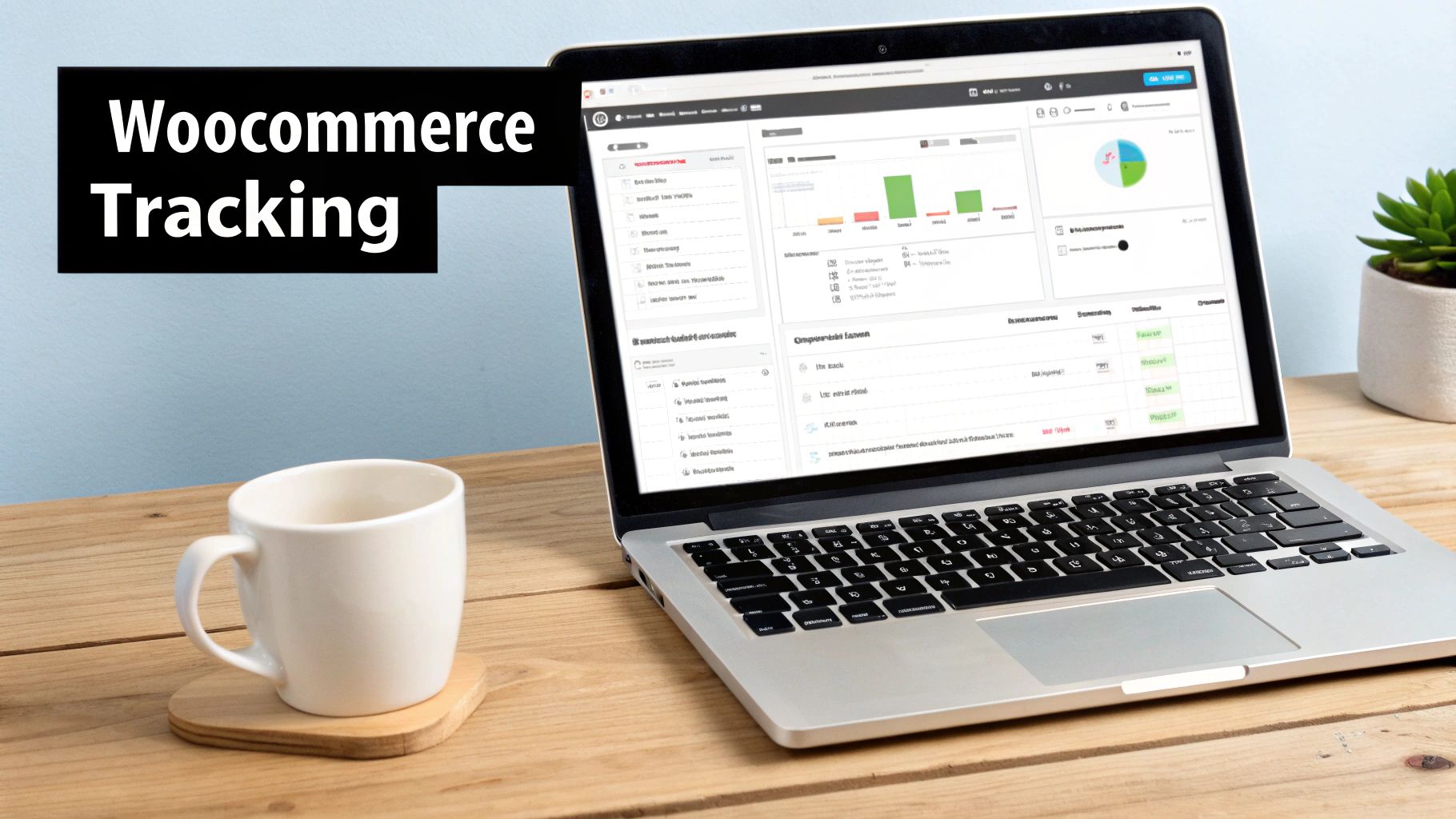 A laptop displays 'Woocommerce Tracking' dashboard with analytics, next to a coffee mug and a small plant.