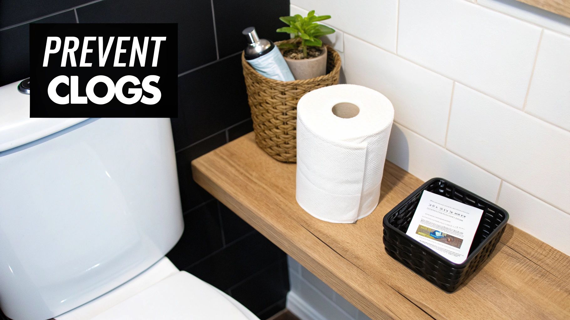 A clean bathroom shelf featuring toilet paper, decorative basket, and a sign about preventing clogs.