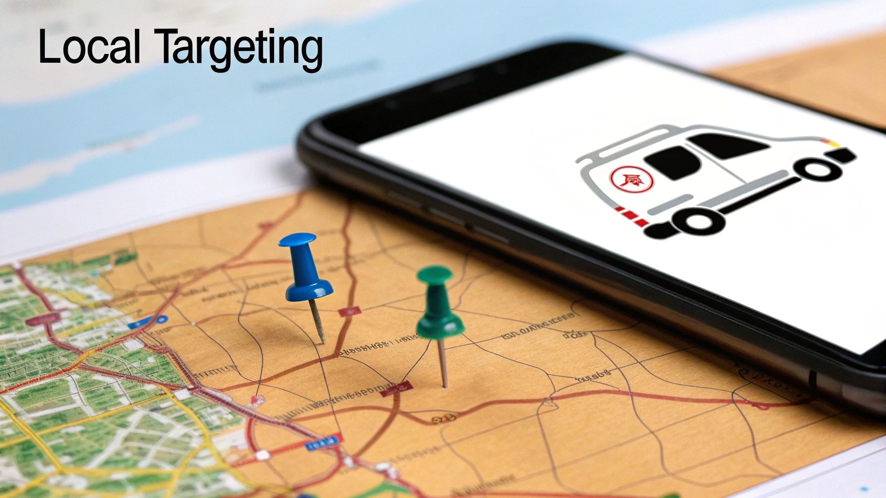 A map with pushpins and a smartphone displaying a delivery van, illustrating local targeting.