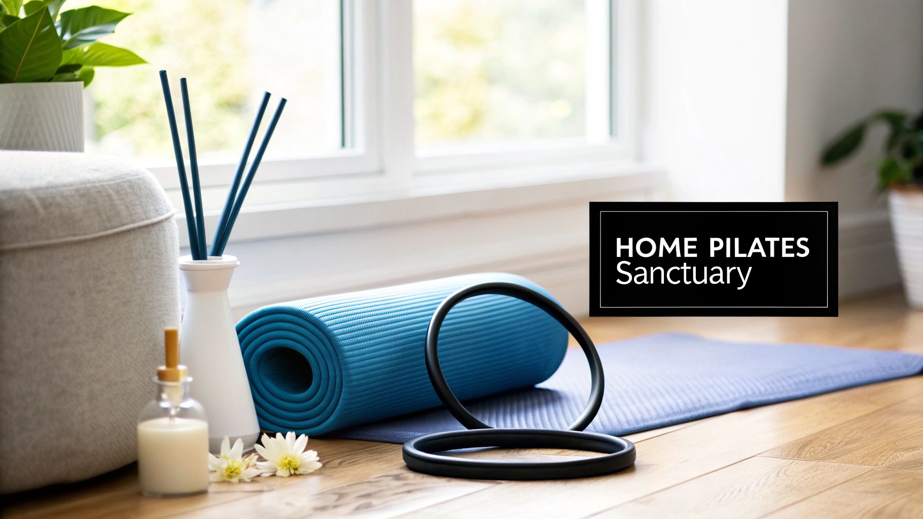 A serene home pilates setup with a blue yoga mat, pilates ring, diffuser, candle, and flowers.