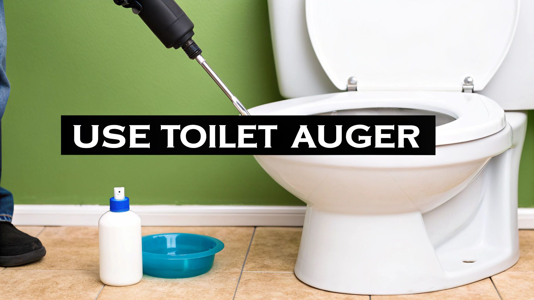 A person using a toilet auger to clear a clogged toilet, with cleaning supplies nearby.