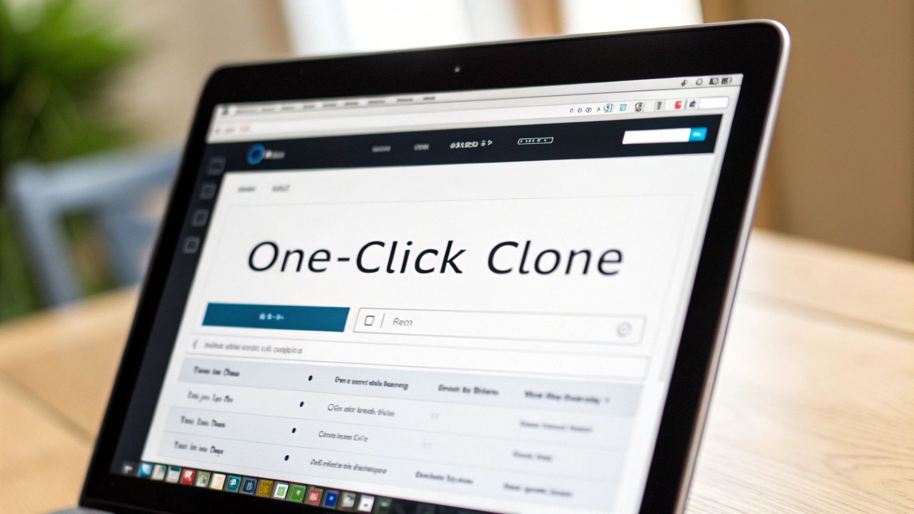 A laptop screen displaying a webpage titled 'One-Click Clone' with a search box and content.