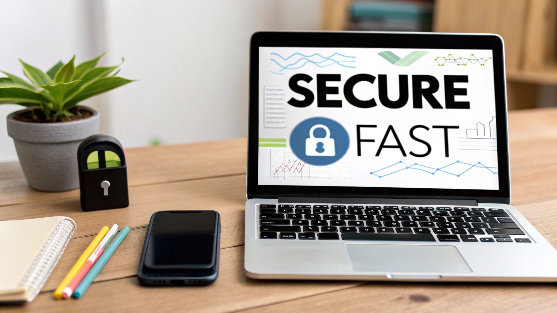 A laptop screen displays 'SECURE FAST' with a lock icon on a wooden desk with a phone and plant.