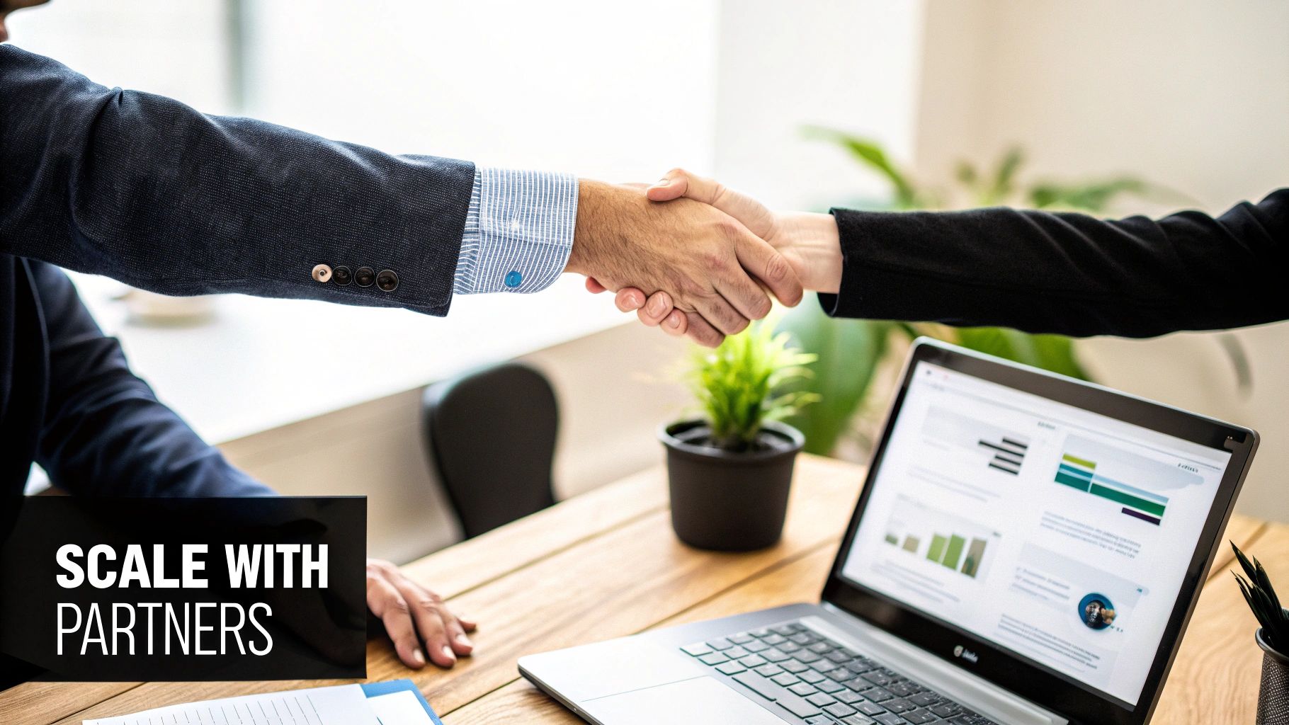 Two business partners shake hands across a desk with a laptop displaying data, emphasizing scaling with partners.
