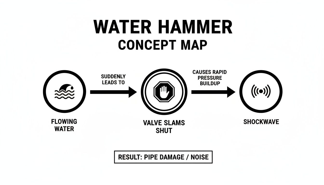 Concept map illustrating the water hammer phenomenon: flowing water, valve slamming shut, rapid pressure buildup, and shockwave, resulting in pipe damage and noise.