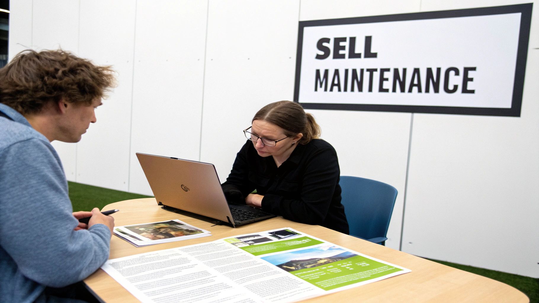 Two professionals at a table reviewing documents and a laptop under a 'SELL MAINTENANCE' sign.