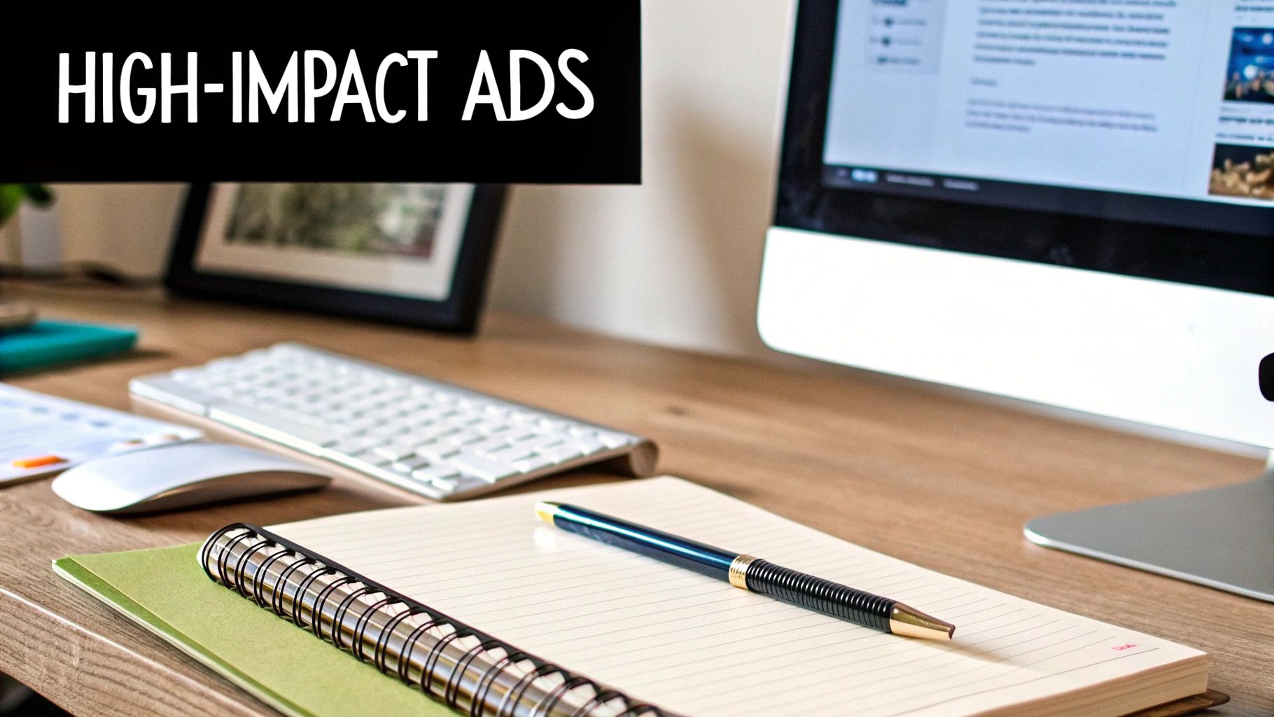 A tidy desk with a computer, keyboard, mouse, and notebook, featuring 'HIGH-IMPACT ADS' text.