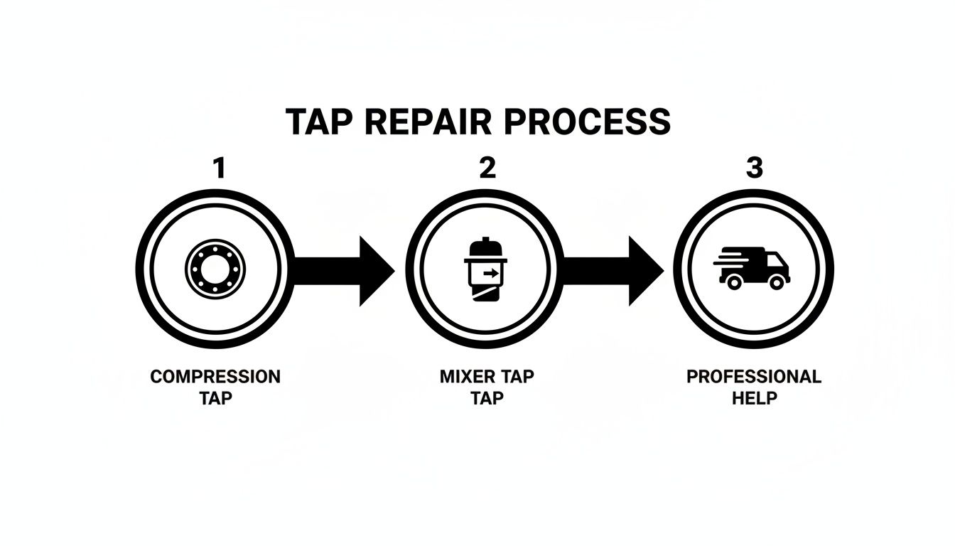 A flowchart outlining the tap repair process, showing steps for compression and mixer taps, and professional help.