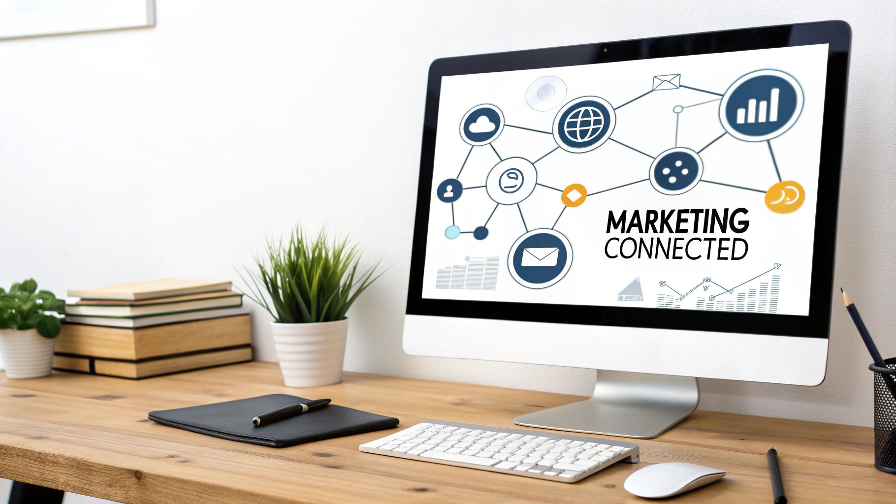 A desk with a computer monitor displaying a 'MARKETING CONNECTED' network, keyboard, mouse, books, and plants.