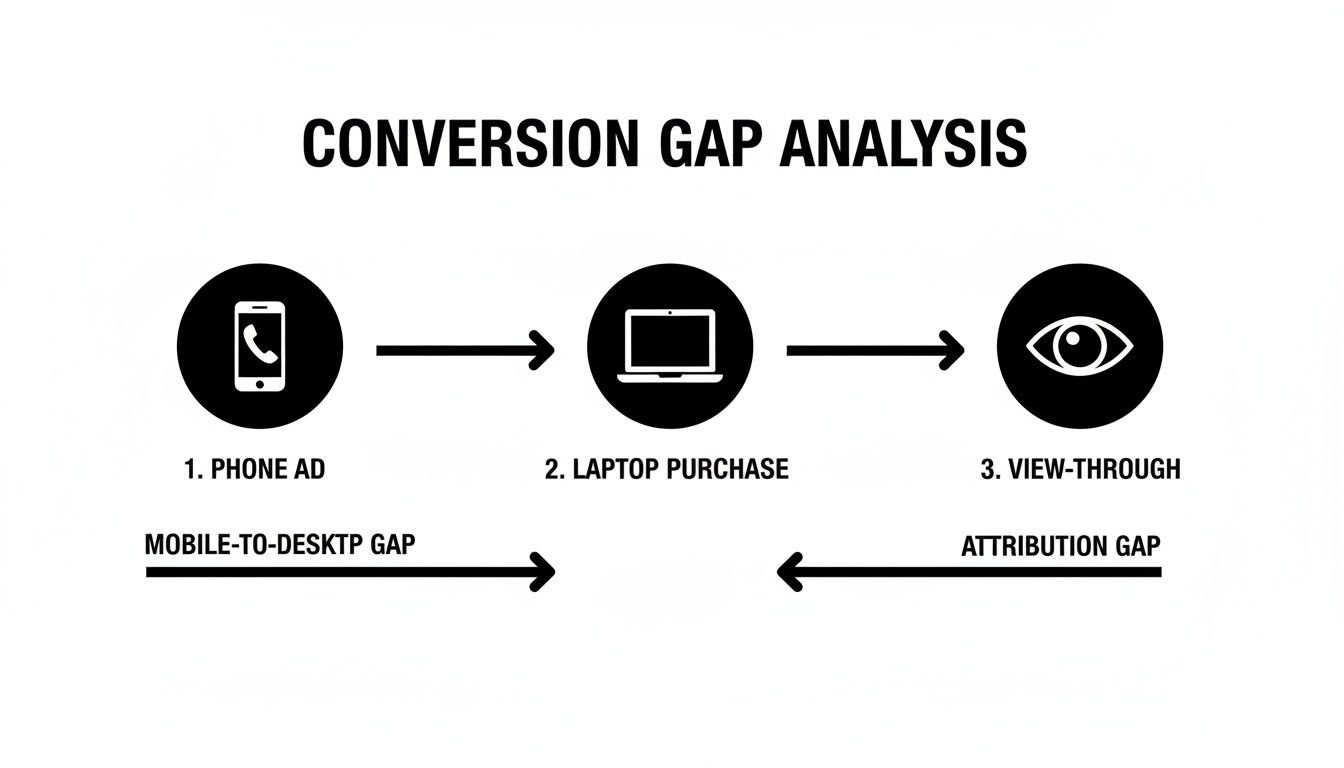 Diagram illustrating conversion gap analysis with mobile-to-desktop and attribution gaps from phone ad to laptop purchase.