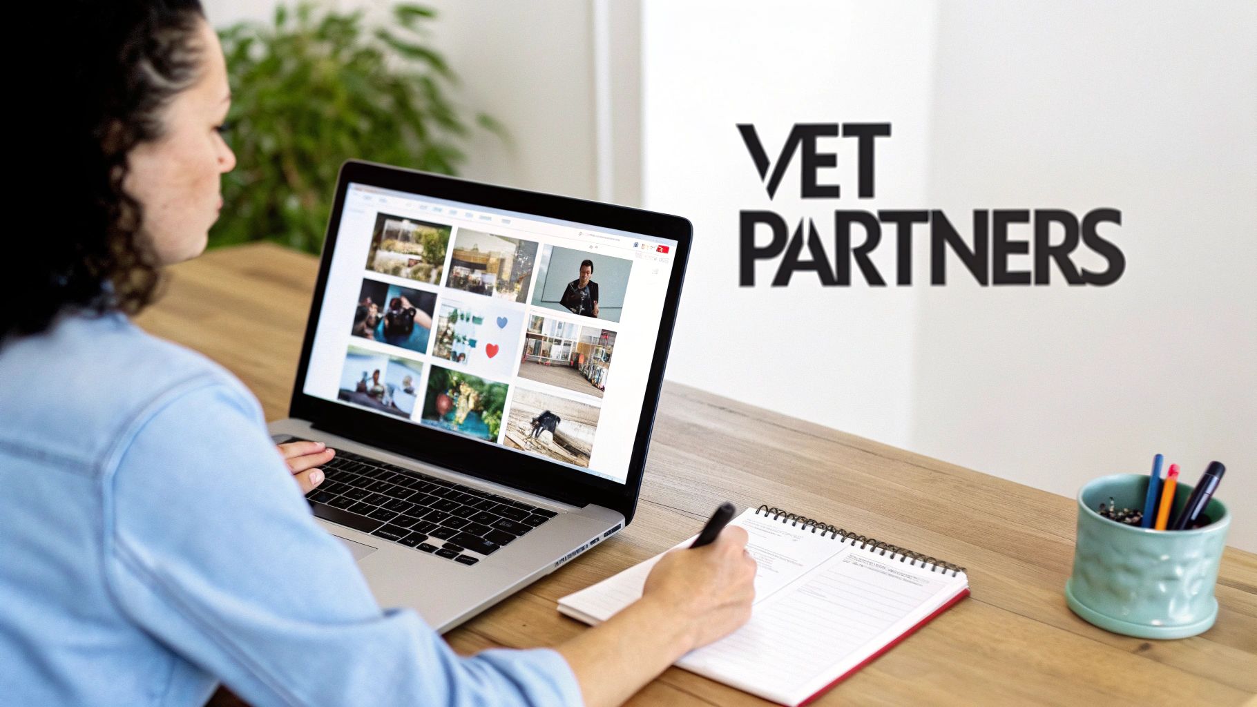 Woman working on a laptop displaying images, writing notes, in a modern office with 'VET PARTNERS' branding.