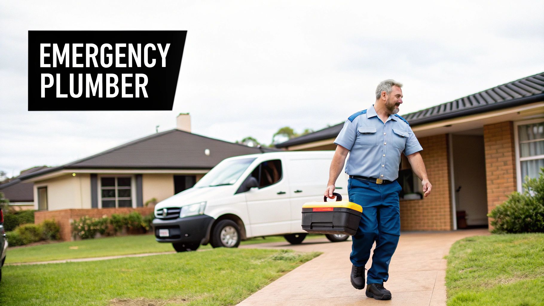 A male emergency plumber walks towards a house with a toolbox, next to a white service van.