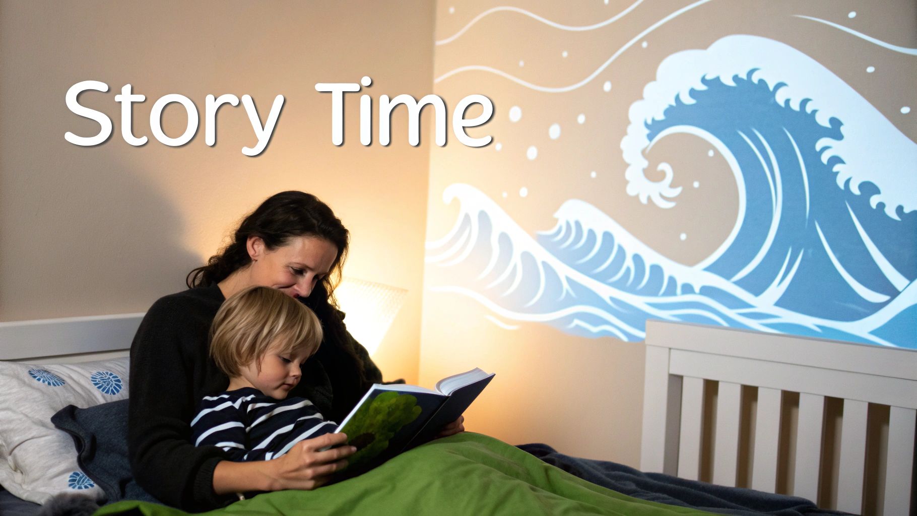 A mother and child read a book in bed with ocean wave projections on the wall.