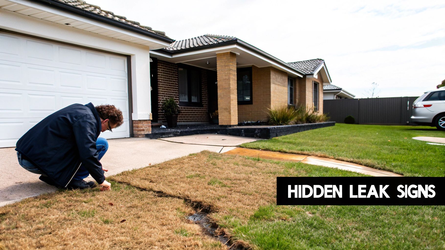 A man inspects dry brown grass and a water-filled trench in front of a house, looking for hidden leak signs.