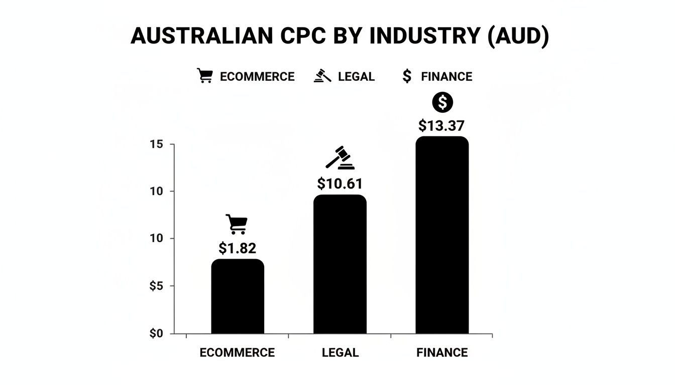 Australian CPC by industry bar chart, showing costs for Ecommerce, Legal, and Finance sectors.