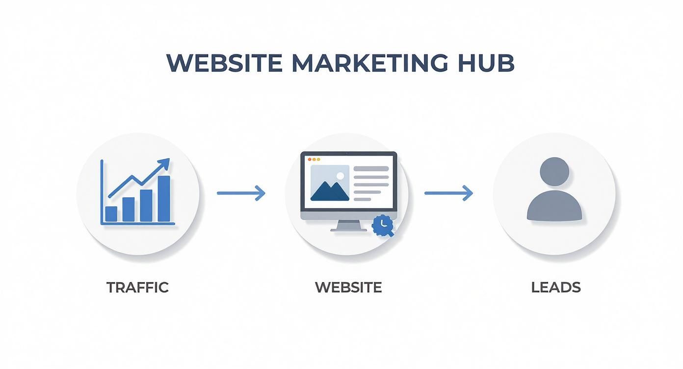 Website marketing hub diagram showing traffic flowing through website to generate leads
