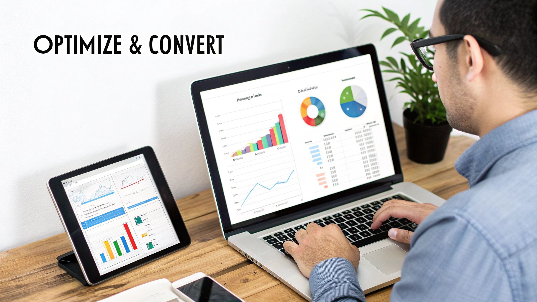 A person with glasses optimizing data analytics on a laptop and tablet with charts and graphs.