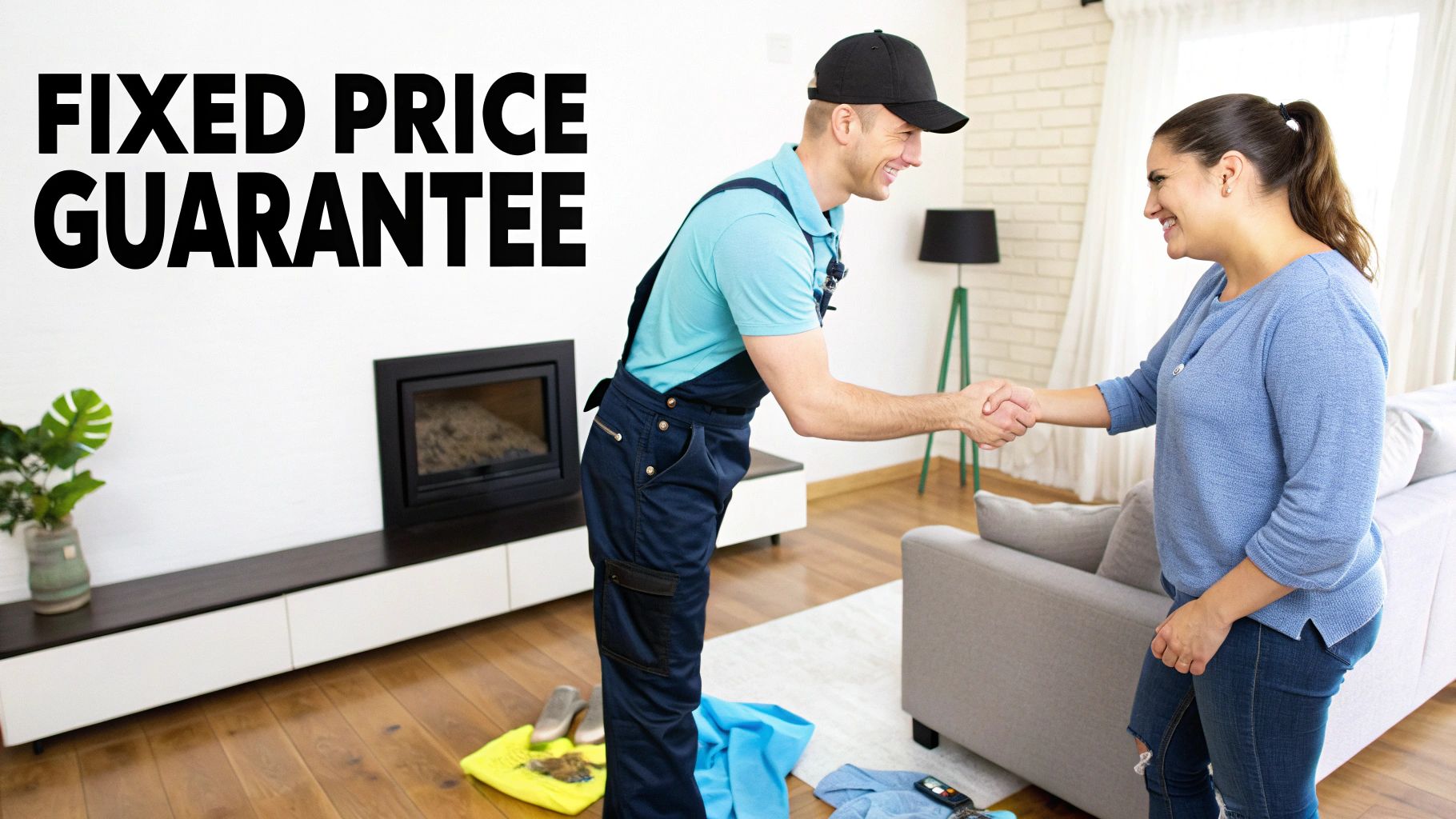A smiling plumber in uniform shakes hands with a happy female customer in her home.