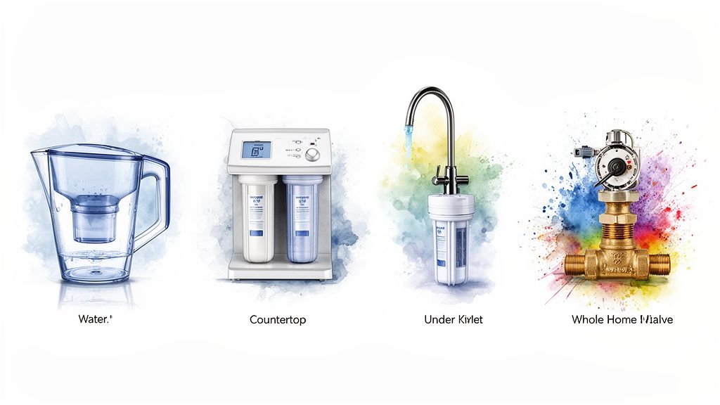 Four distinct water filtration systems: a pitcher, countertop unit, under-sink faucet, and whole home valve.