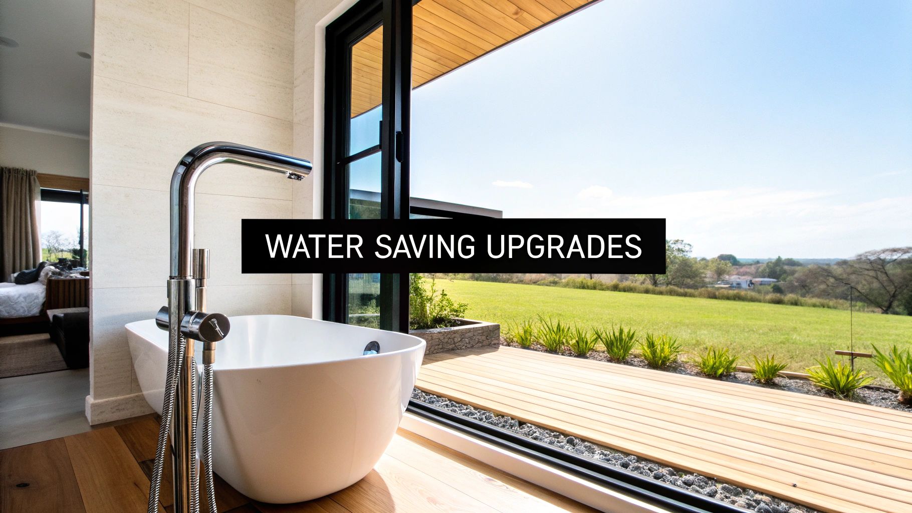 A modern bathroom featuring a white freestanding bathtub, chrome faucet, and a large window overlooking a lush green landscape.