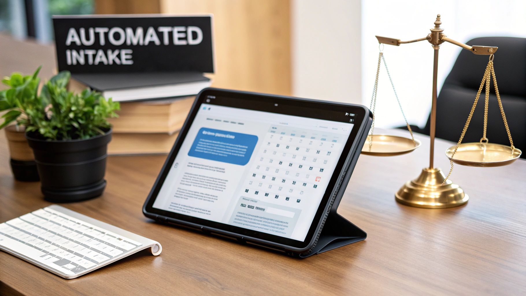 A law firm desk with a tablet, keyboard, plants, and scales of justice, featuring an 'AUTOMATED INTAKE' sign.