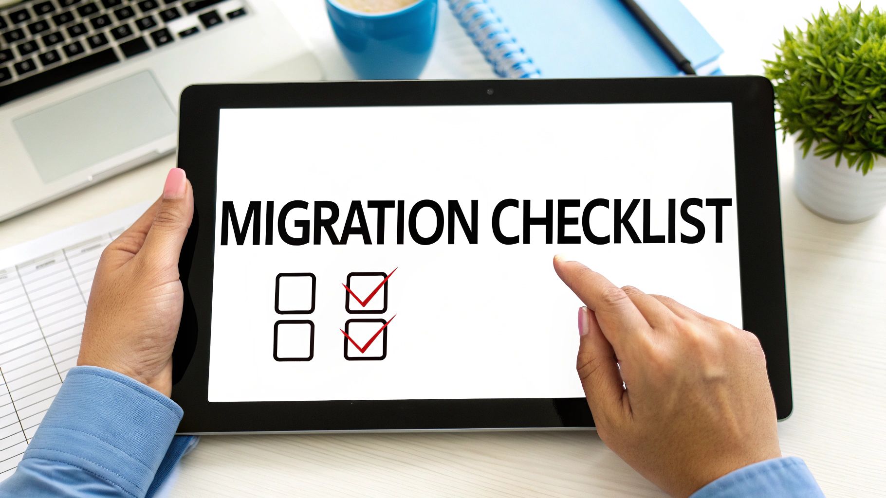 Person reviewing migration checklist on tablet with checkboxes marked at modern office desk