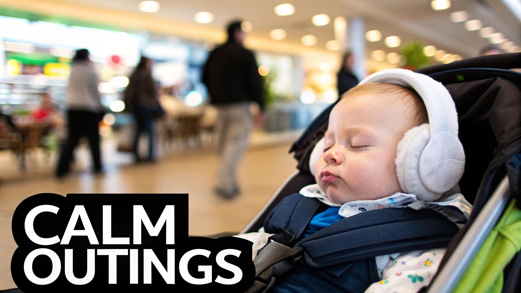 A baby sleeps peacefully in a stroller, wearing white noise-canceling headphones in a busy mall.