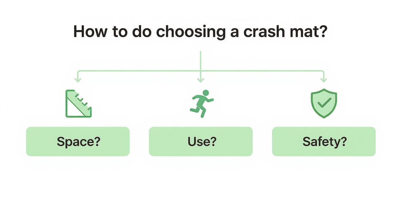 Diagram illustrating factors for choosing a crash mat: space, use, and safety, with corresponding icons.