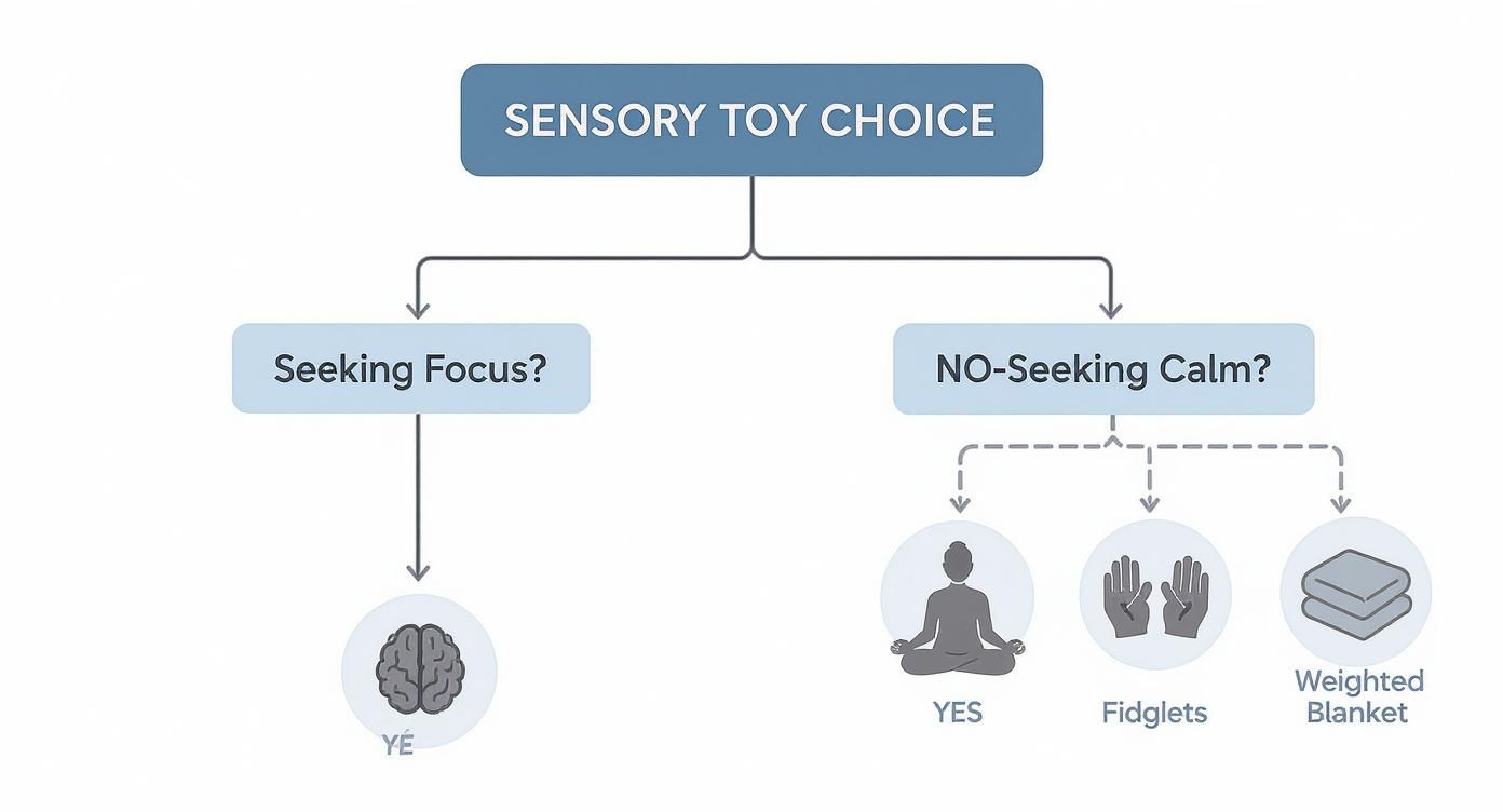 Flowchart guides sensory toy choices: for focus (brain icon) or for calm, suggesting meditation, fidgets, and weighted blankets.