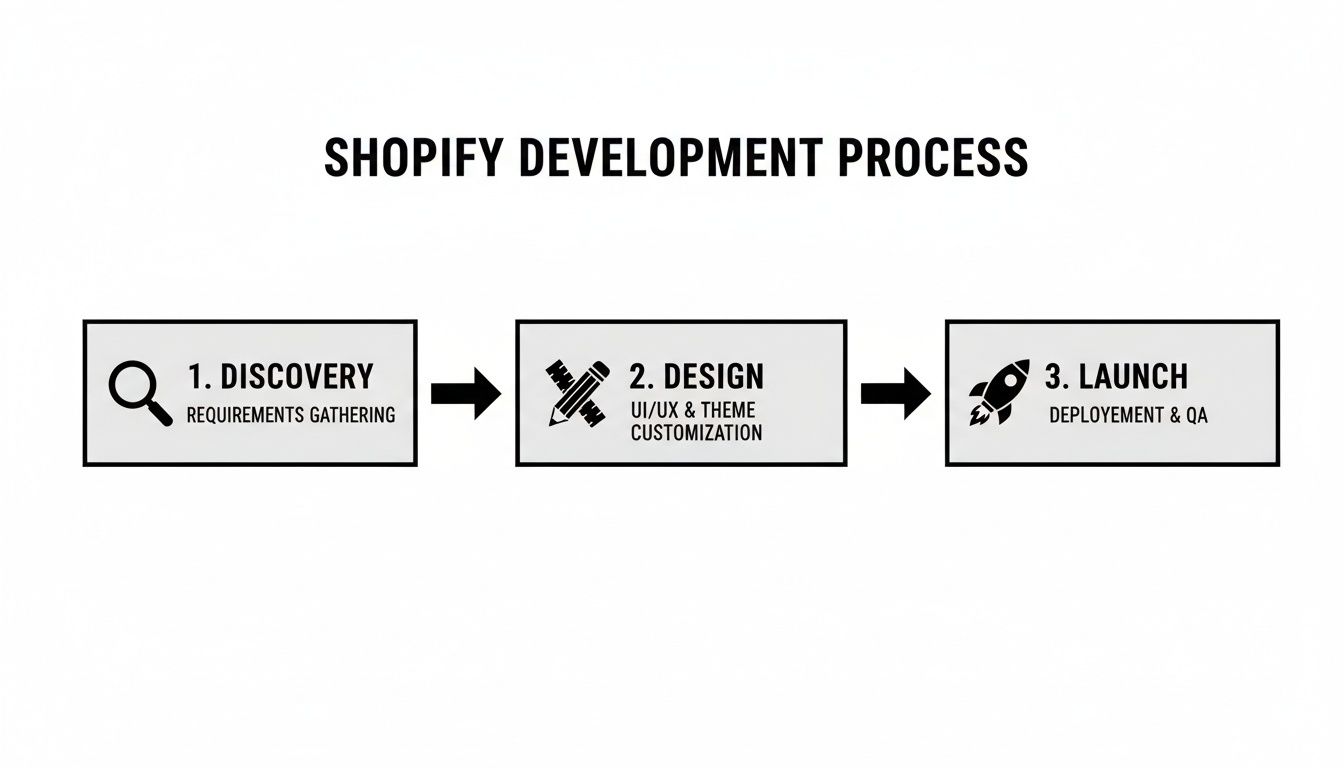 A diagram illustrating the Shopify development process with three key steps: Discovery, Design, and Launch.