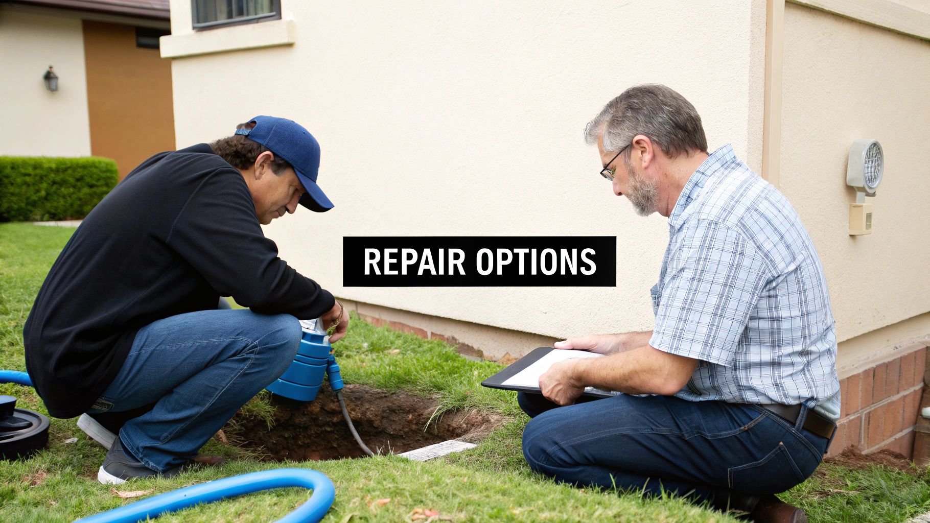 Two plumbers inspecting an underground water leak outside a house, discussing repair options.