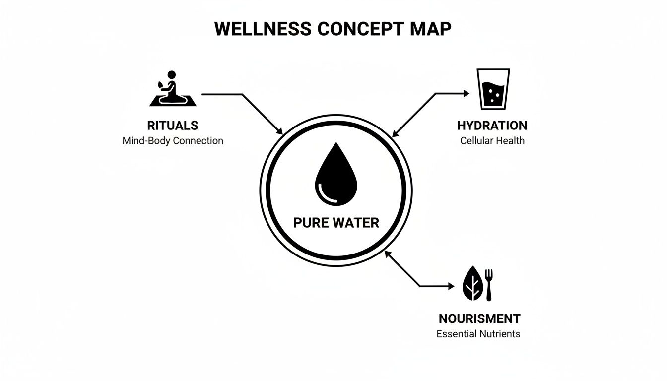 Wellness concept map showing pure water as central, influenced by rituals, hydration, and nourishment.