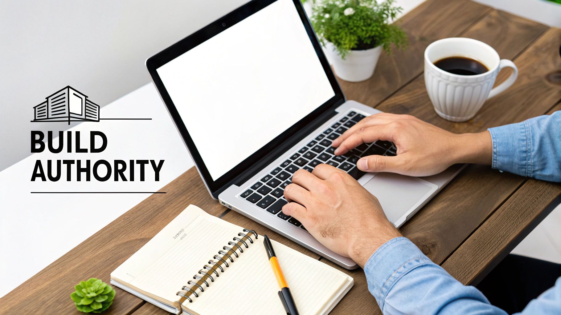 Person typing on a laptop at a desk with coffee and a 'BUILD AUTHORITY' graphic.