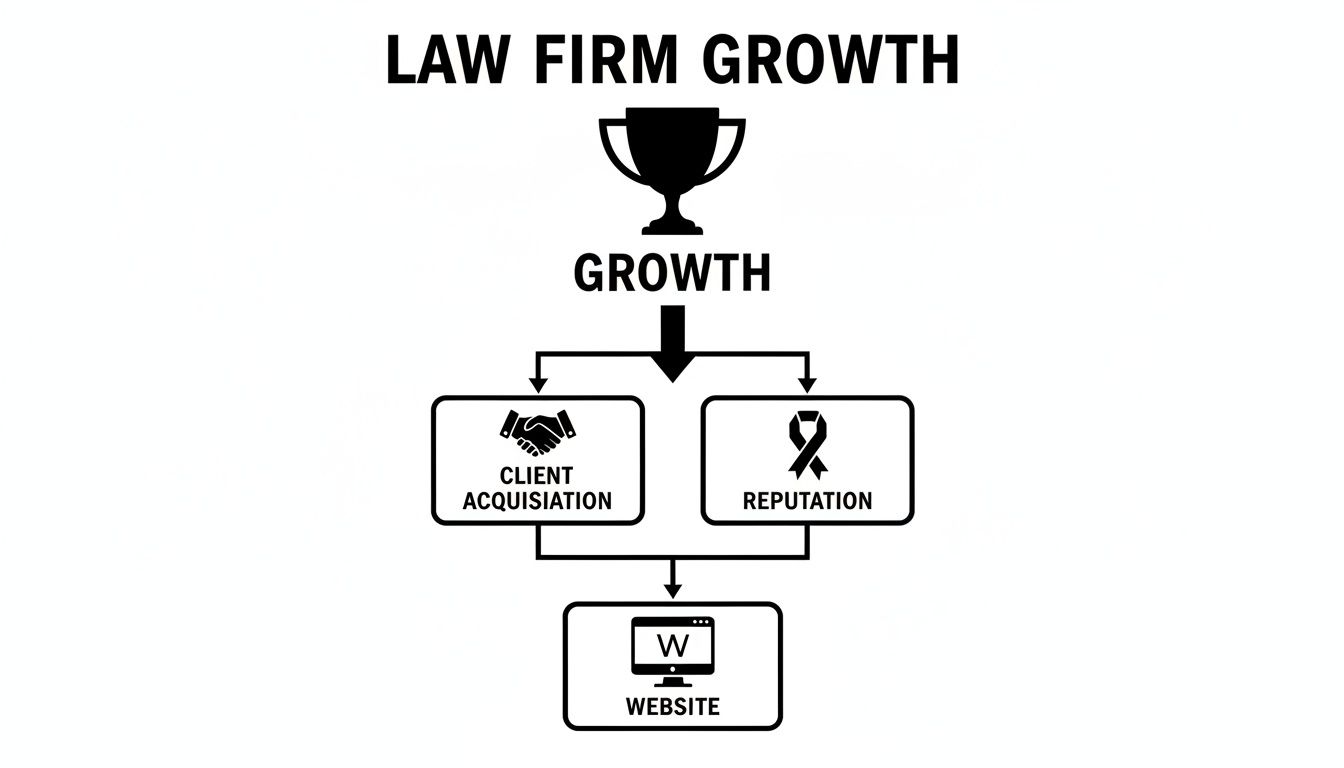 Flowchart showing law firm growth drivers: client acquisition, reputation, and website as key elements.