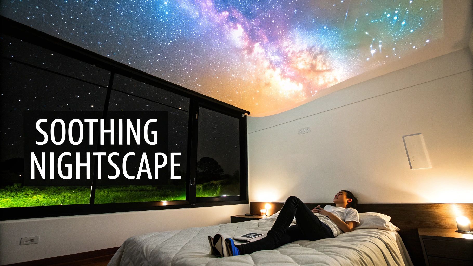 A person relaxes in a modern bedroom with a night sky projector displaying a starry galaxy on the ceiling, creating a soothing nightscape.