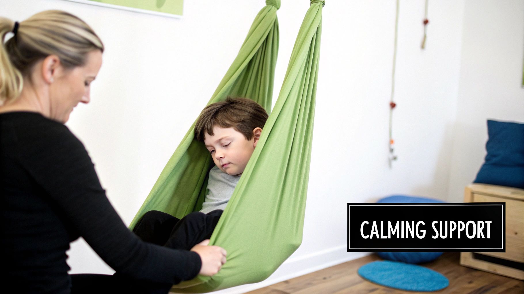 A woman provides calming support to a young boy resting comfortably in a green sensory swing.