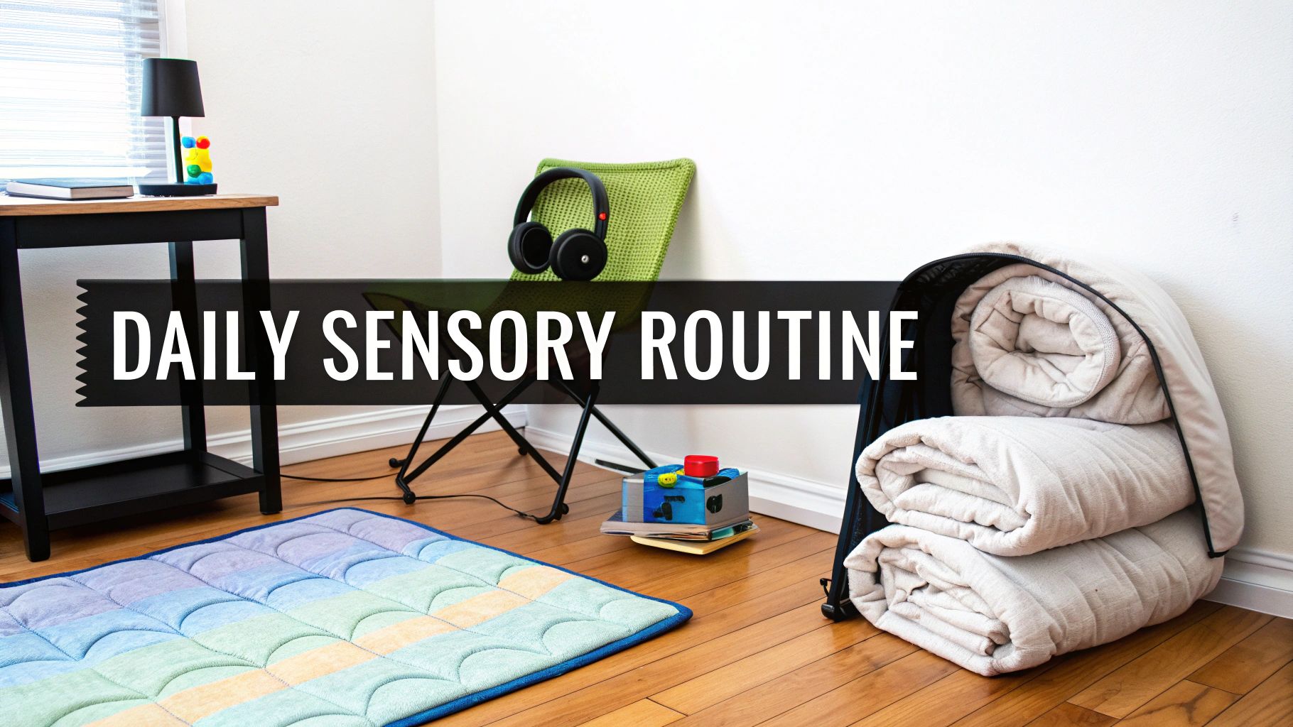 A room dedicated to a 'Daily Sensory Routine' with a colorful mat, headphones, weighted blankets, and a lamp.