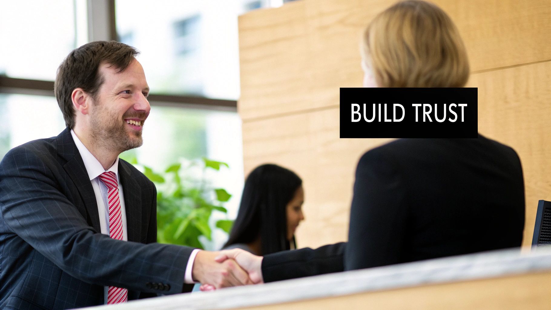 Smiling businessman shaking hands with a woman, symbolizing trust and agreement in a professional setting.