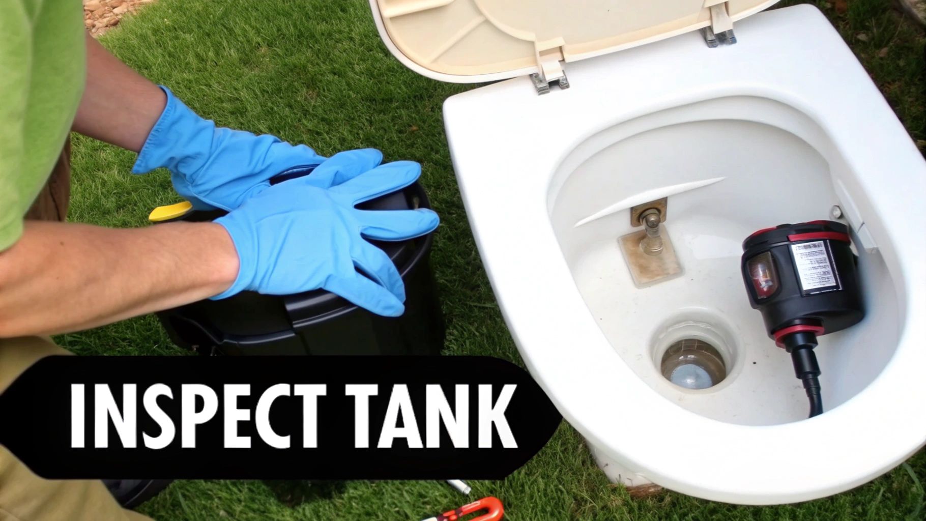 Person wearing blue gloves inspecting an open toilet tank with a device and black container outdoors.