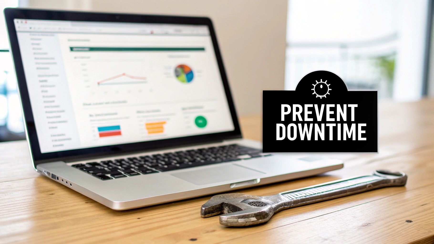 A laptop displaying data charts, a wrench, and a 'Prevent Downtime' sign on a wooden table.