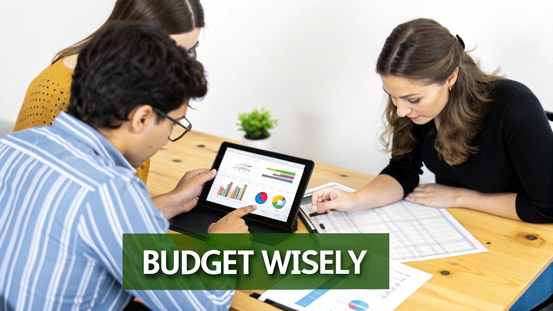 Three people intently discuss financial data and charts displayed on a tablet at a table.