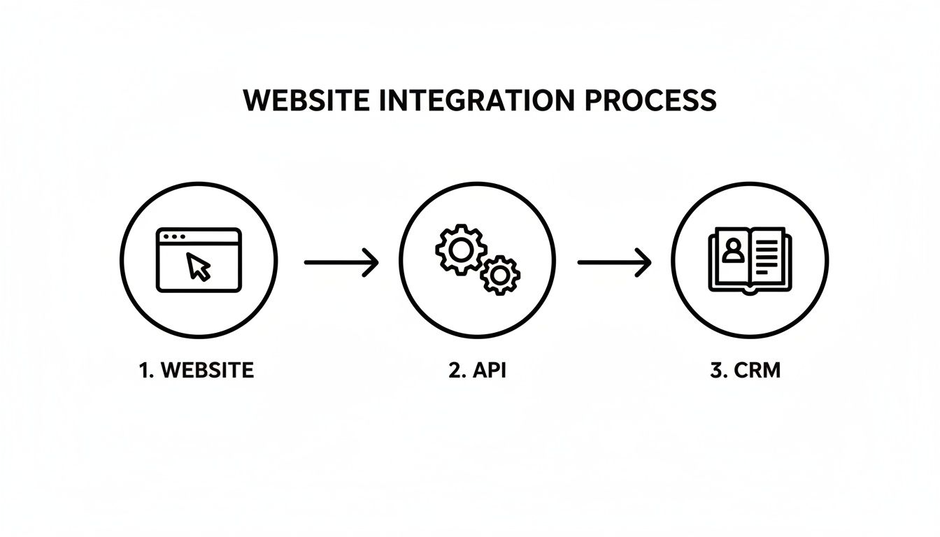 Diagram illustrating the website integration process from the website to API and then to CRM.